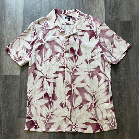 Express Men’s Hawaiian Linen Shirt Medium Wine Tropical White Maroon - Picture 2 of 7